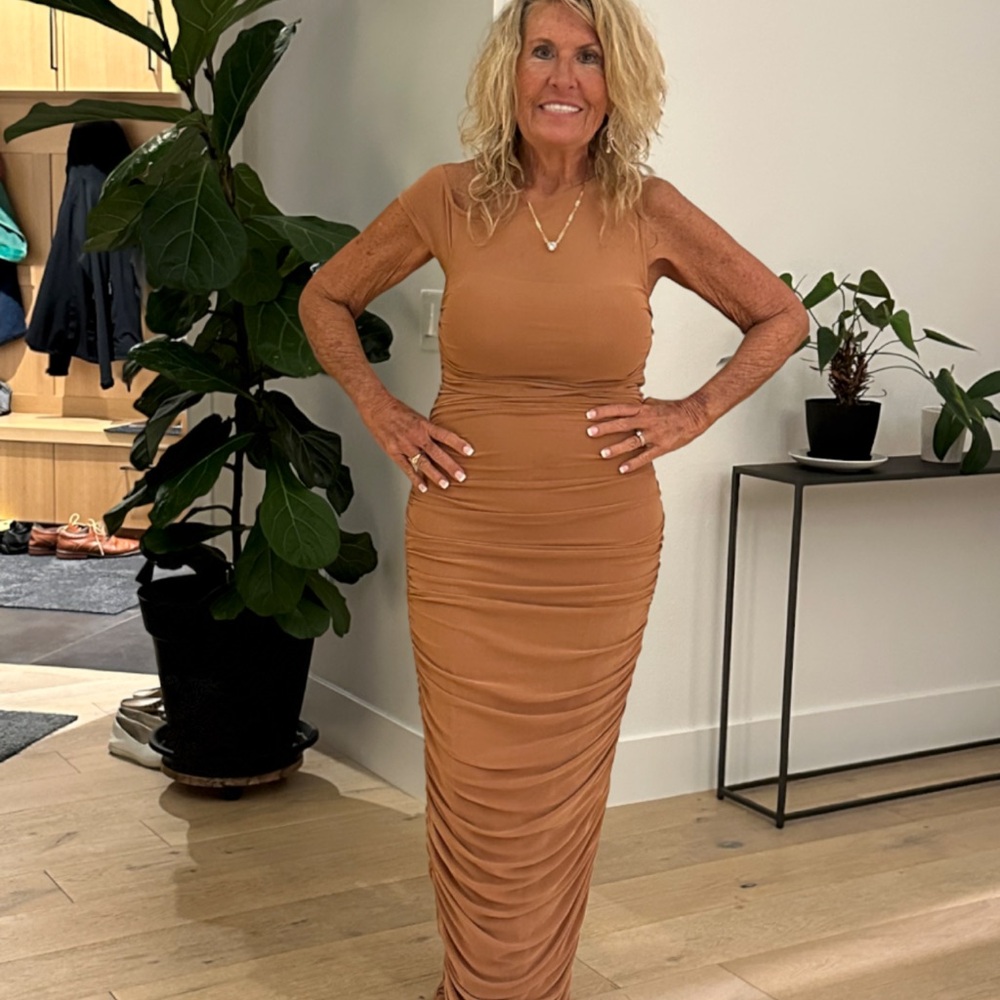 Anthropologie AFRM Bronze Copper Brown Ruched Maxi Dress Medium EXC Stretch!